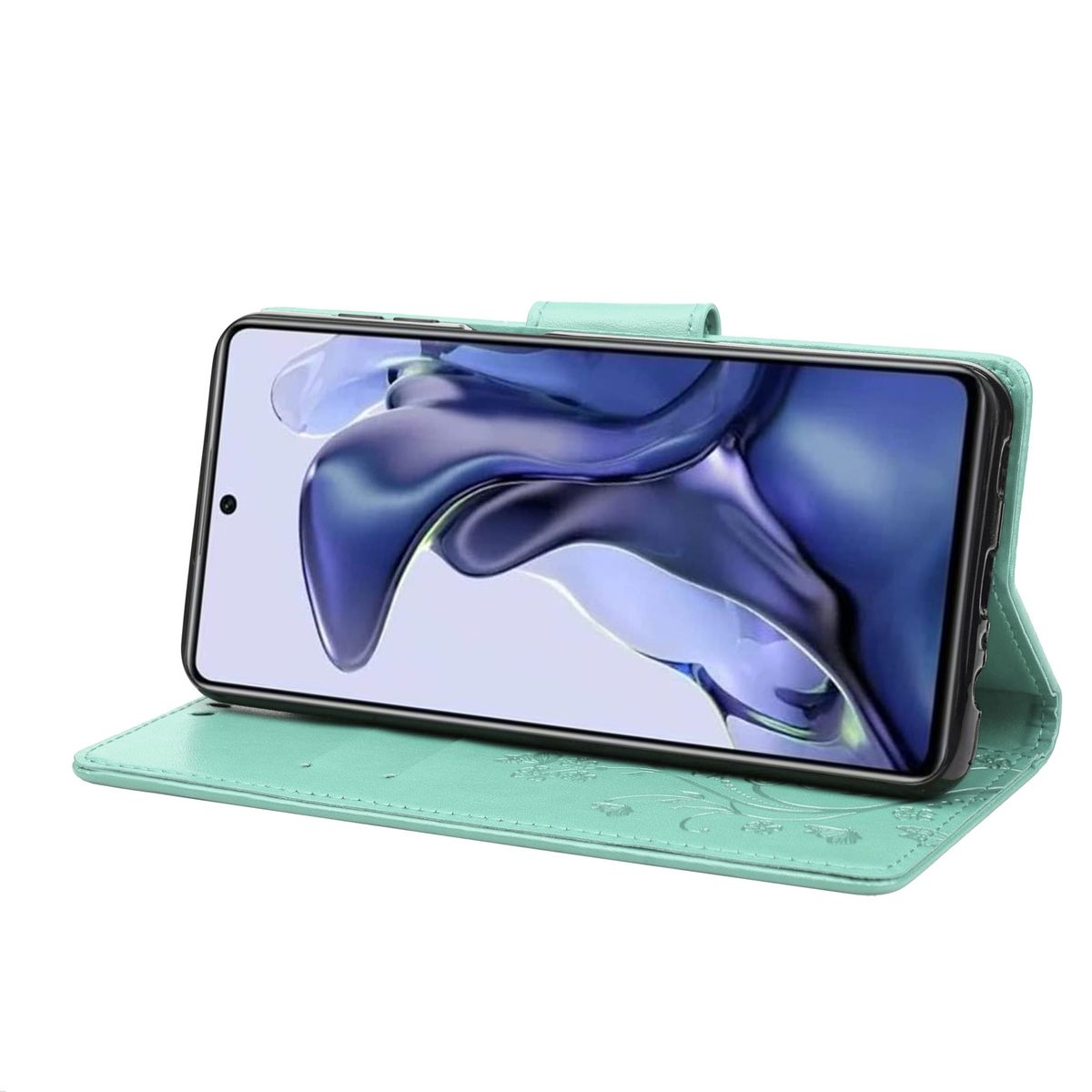 Minzgrüne Handyhülle, offen, zeigt ein Telefon mit blauem, lila und grünem Hintergrund.