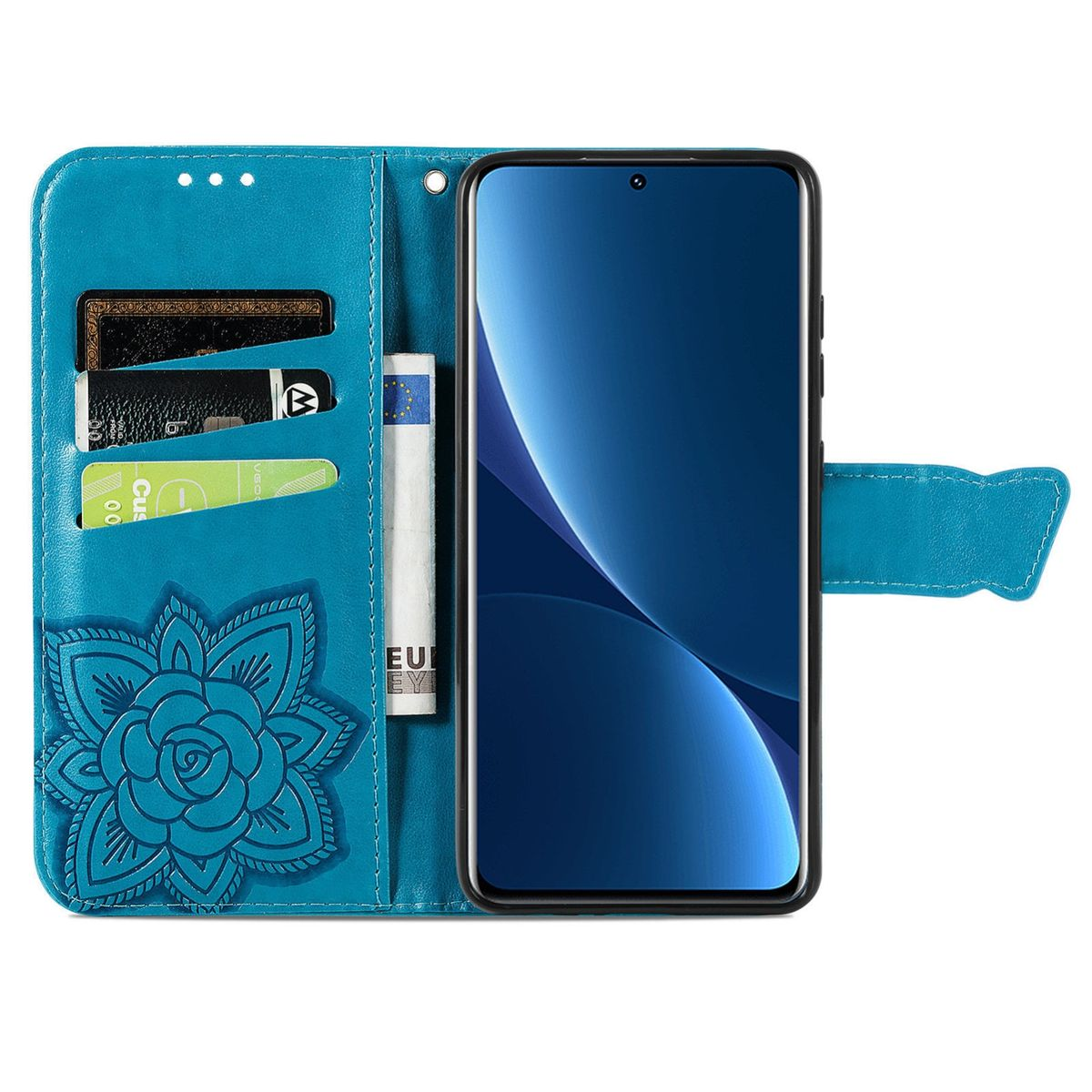 Türkisfarbene Handyhülle mit Blumendesign und Karten. Telefon innen.