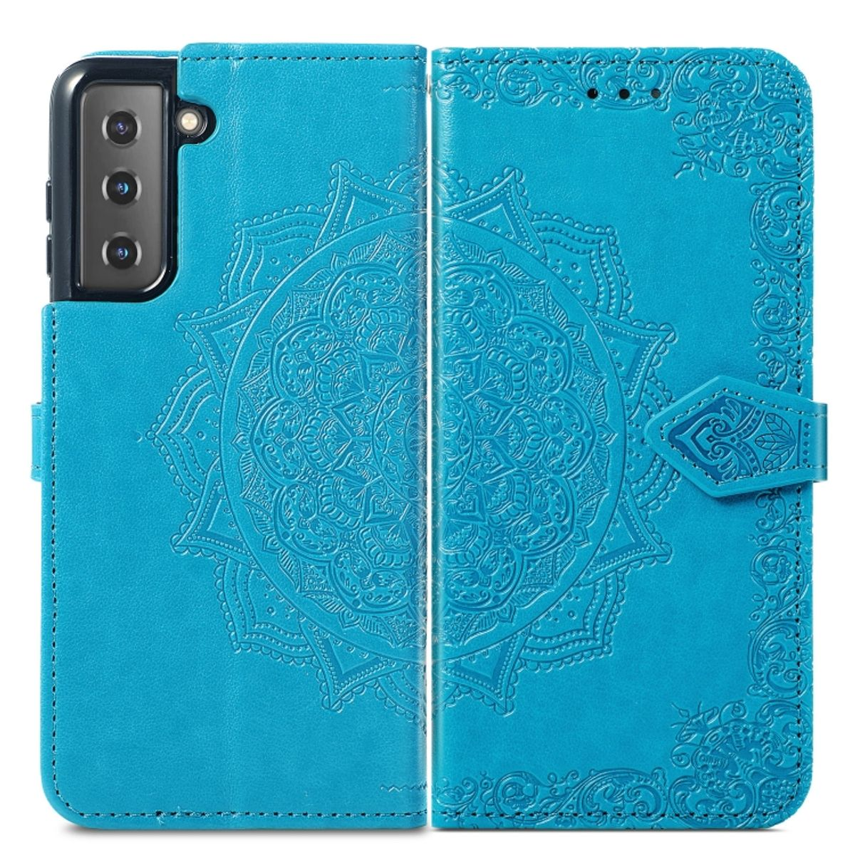 Blaue Handyhülle mit Mandala-Design, geöffnet, um das Handy zu zeigen.