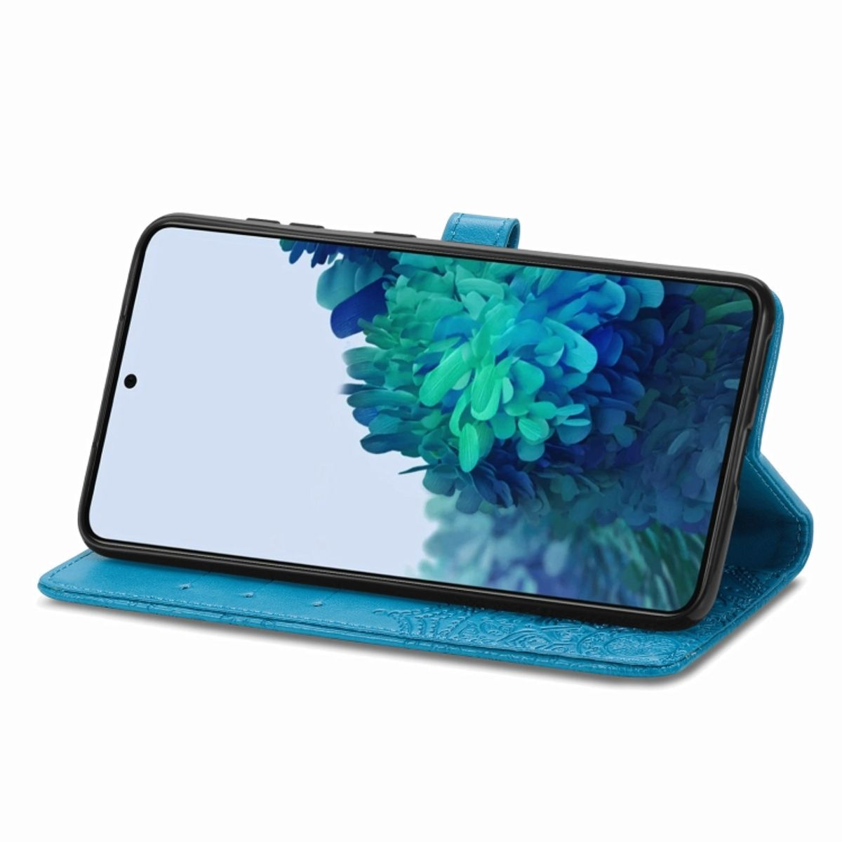 Blaue Handyhülle, offen, mit dem Telefon im Inneren. Der Telefonbildschirm wird angezeigt.
