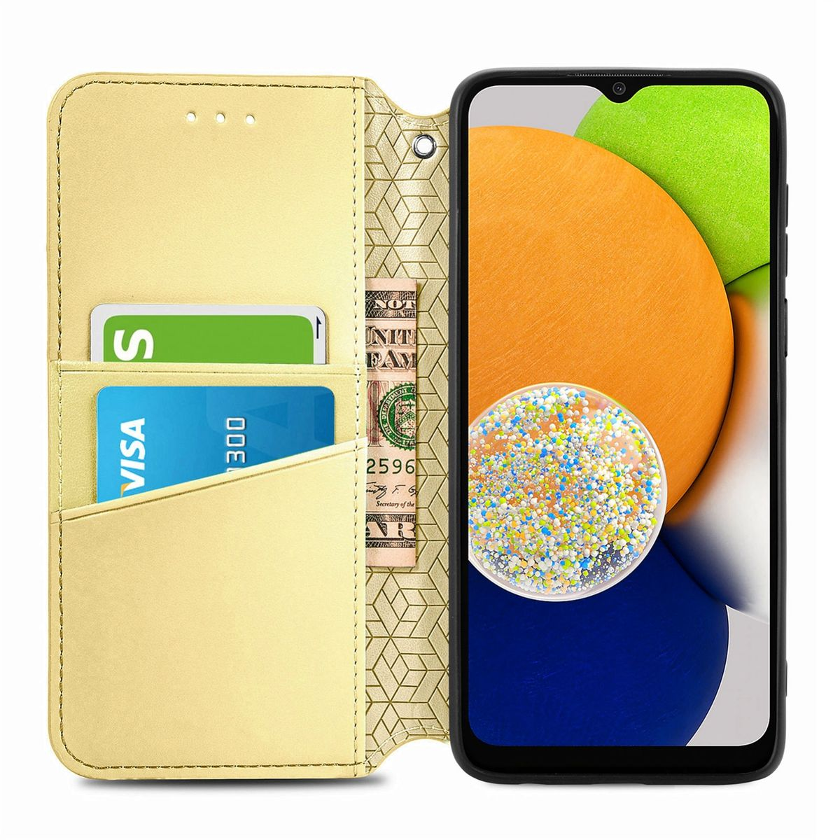 Goldene Handyhülle, offen, mit Karten und Bargeld. Telefon zeigt bunte Formen auf dem Bildschirm.