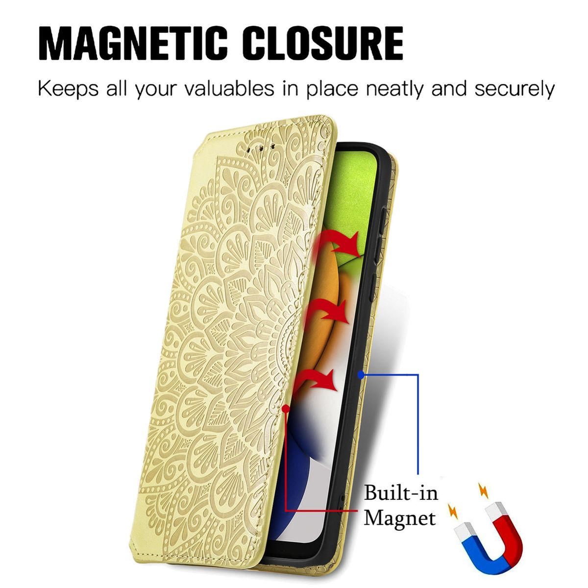 Offene Handyhülle mit Telefon, Magnete zeigend. Goldfarbene Hülle mit Blumenmuster. Weißer Hintergrund.