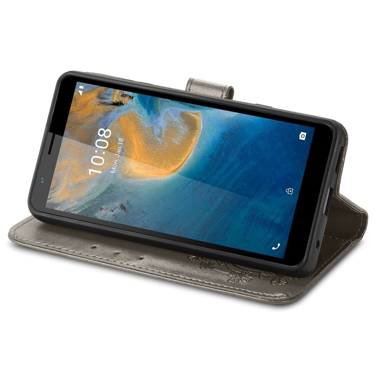Telefon in grauer Handyhülle, geöffnet, mit Zeitanzeige.