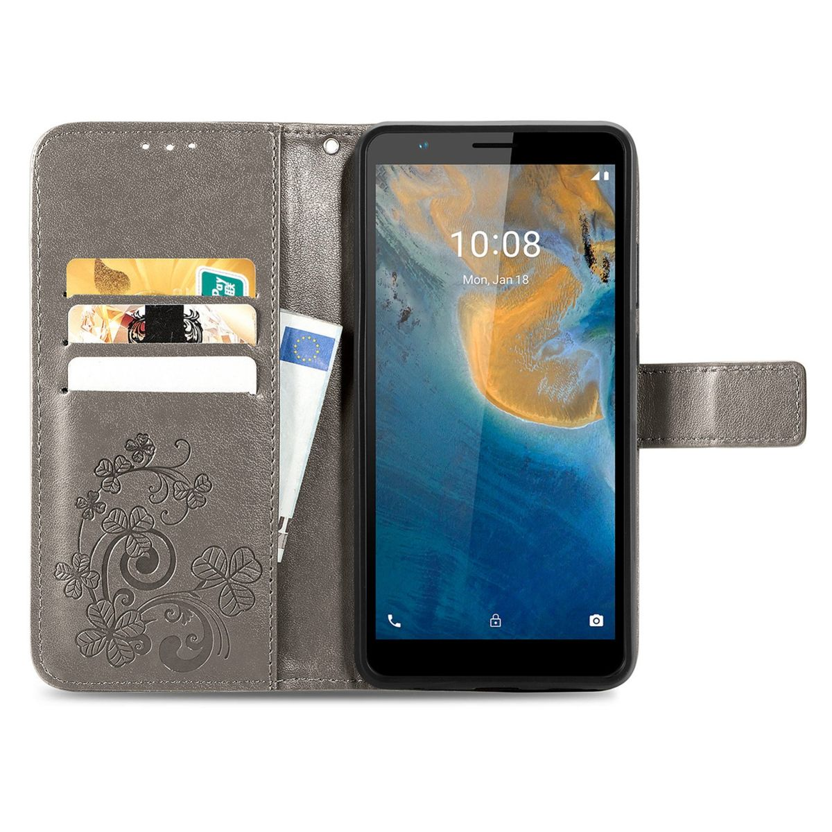 Graue Handyhülle offen, mit einem Telefon im Inneren. Karten und Geld sind sichtbar. Weißer Hintergrund.