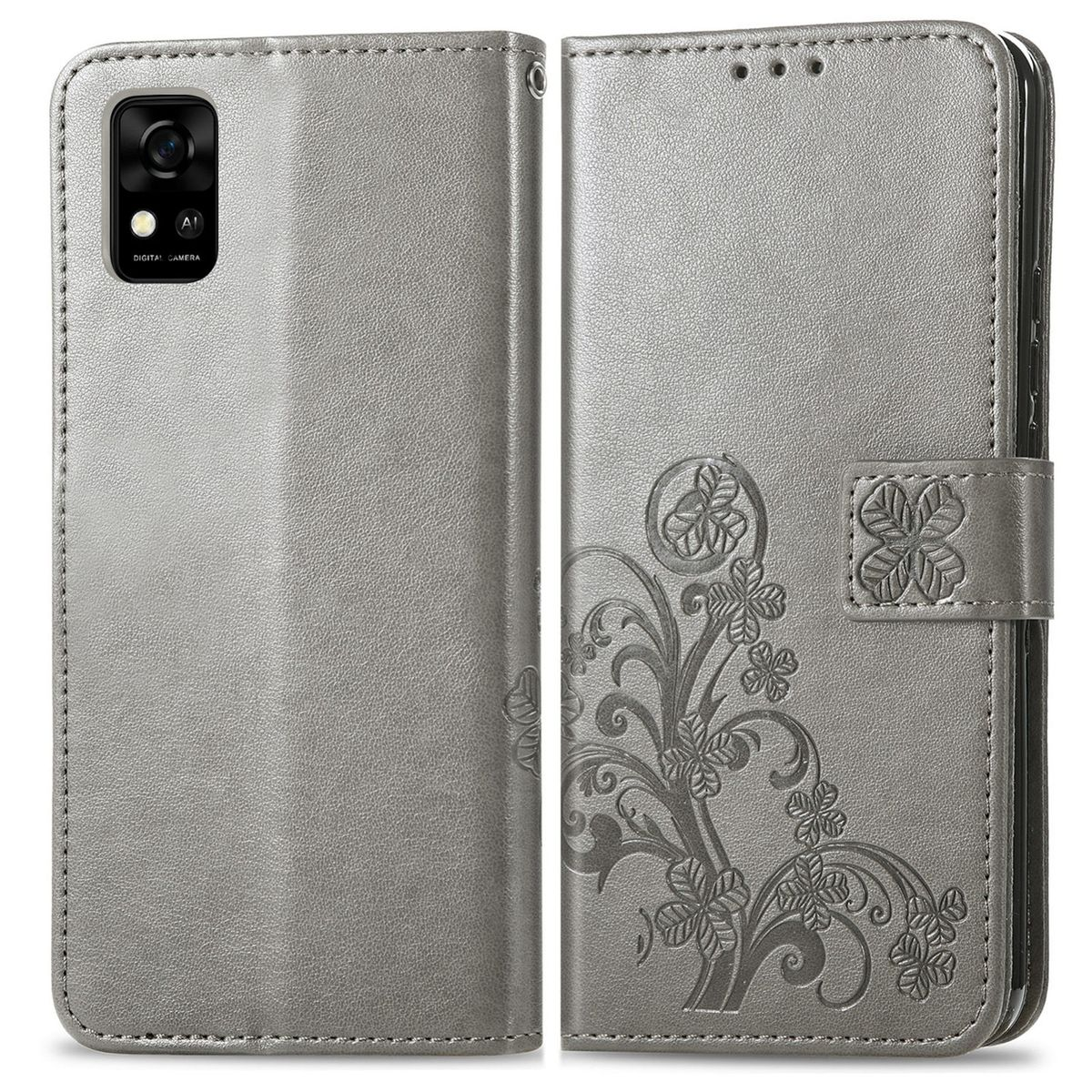 Geöffnete graue Handyhülle mit floralem Muster. Digitalkamera und die andere Seite mit Blumendesign.