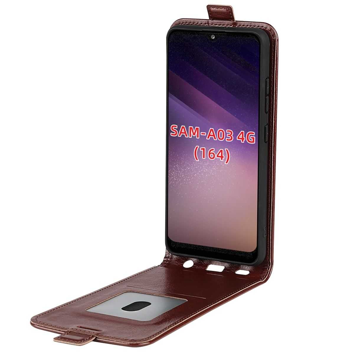 Braune Handyhülle, offen, mit Telefon und Text darauf.