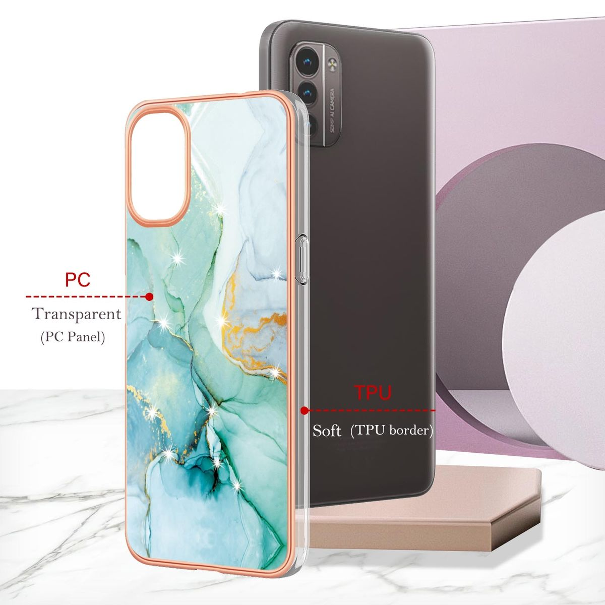 Handyhülle: Klares und Marmor-Design. Enthält einen roségoldenen Rand und ein schwarzes Telefon.