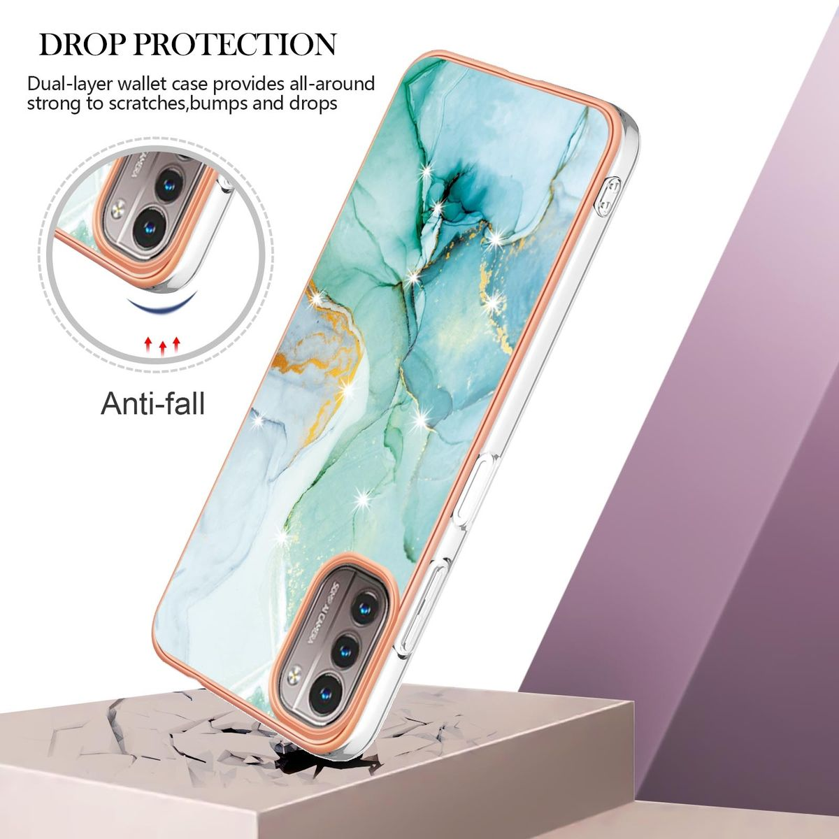 Handyhülle mit Marmordesign, Telefon darin. Transparente Schutzränder. Zeigt Fallschutz.