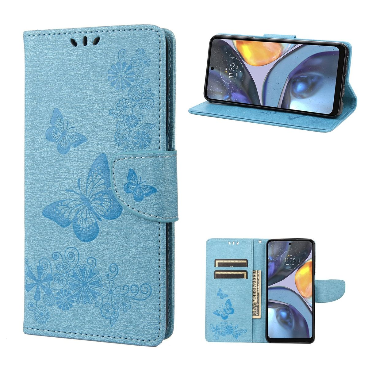 Hellblaue Handyhülle mit Schmetterlingsdesign, die ein Telefon, Karten und Geld hält.