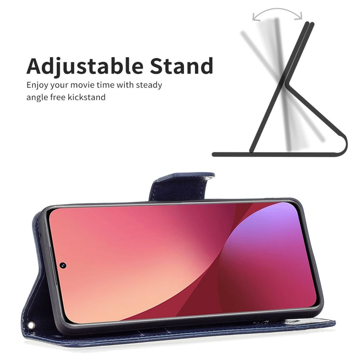 Telefon in einer blauen Hülle. Die Hülle kann zum Aufstellen verstellt werden. Der Bildschirm zeigt ein lilafarbenes Design.