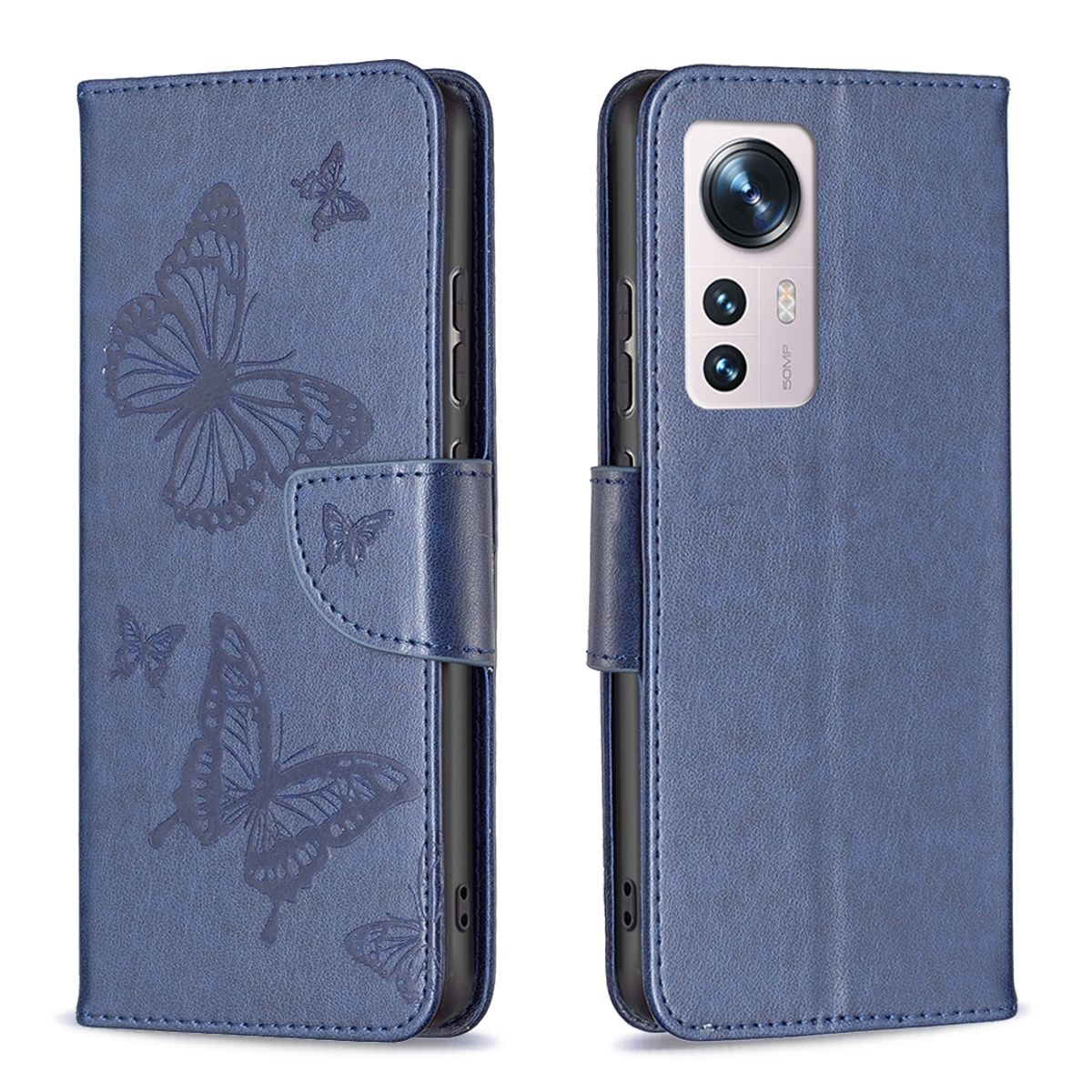 Blaue Handyhülle mit Schmetterlingsdesign, geschlossen und offen. Inklusive Verschlusslasche.