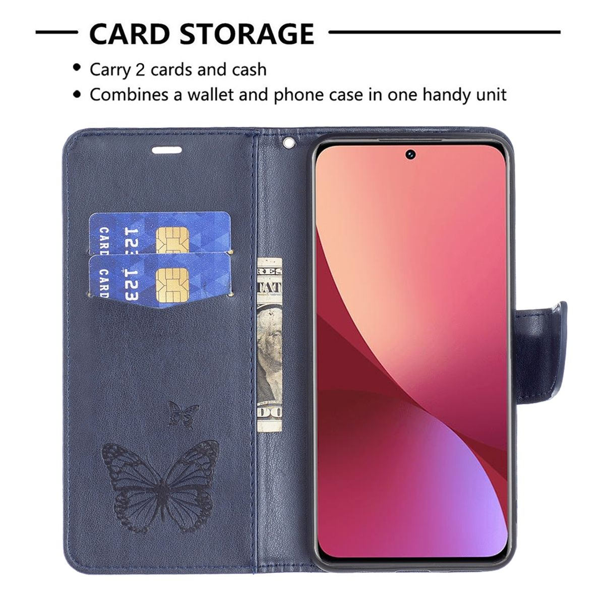 Eine blaue Handyhülle, offen, um ein Telefon, Kartenfächer und ein Schmetterlingsdesign zu zeigen.