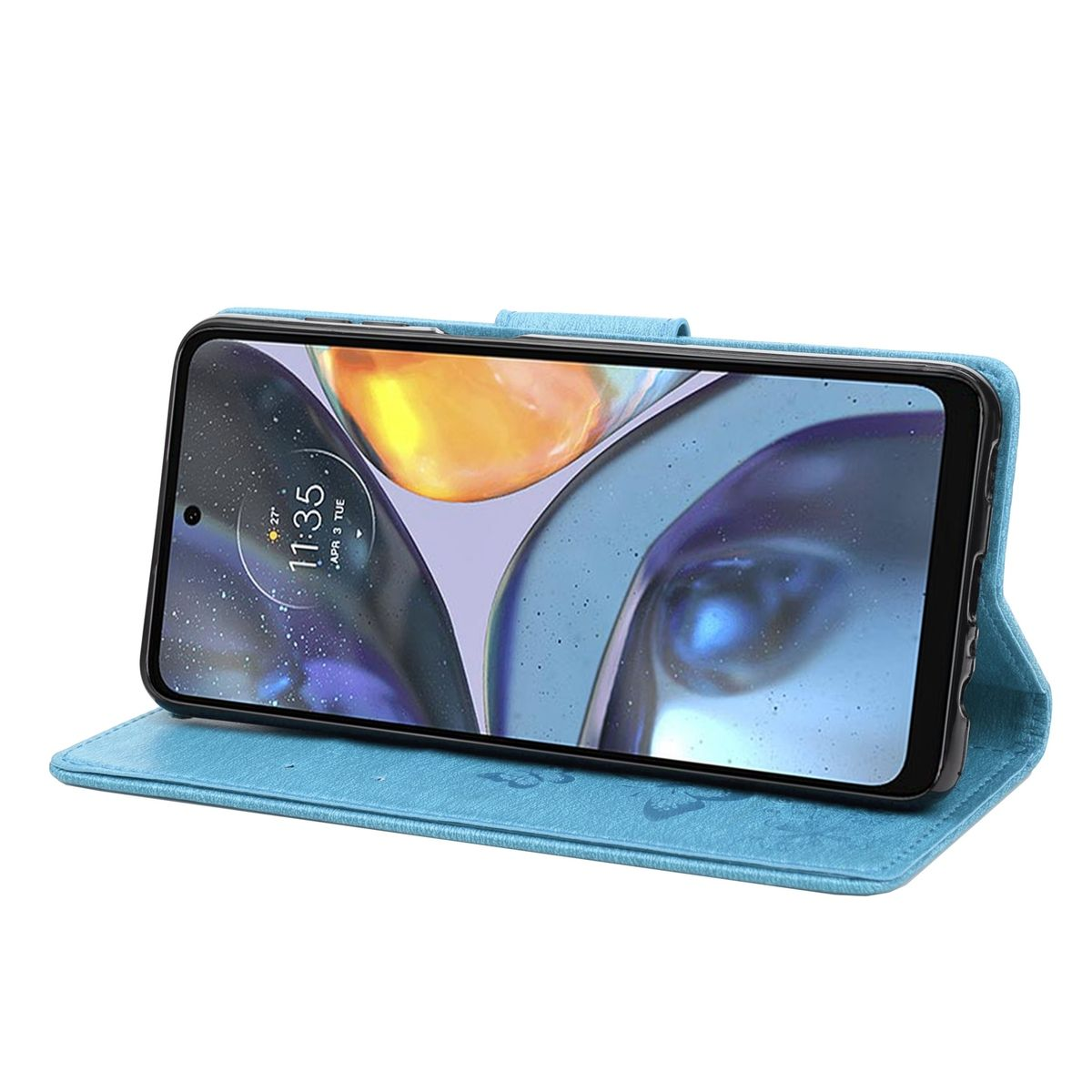 Blaue Handyhülle offen, hält ein Telefon. Das Telefon zeigt die Zeit und das Datum an.