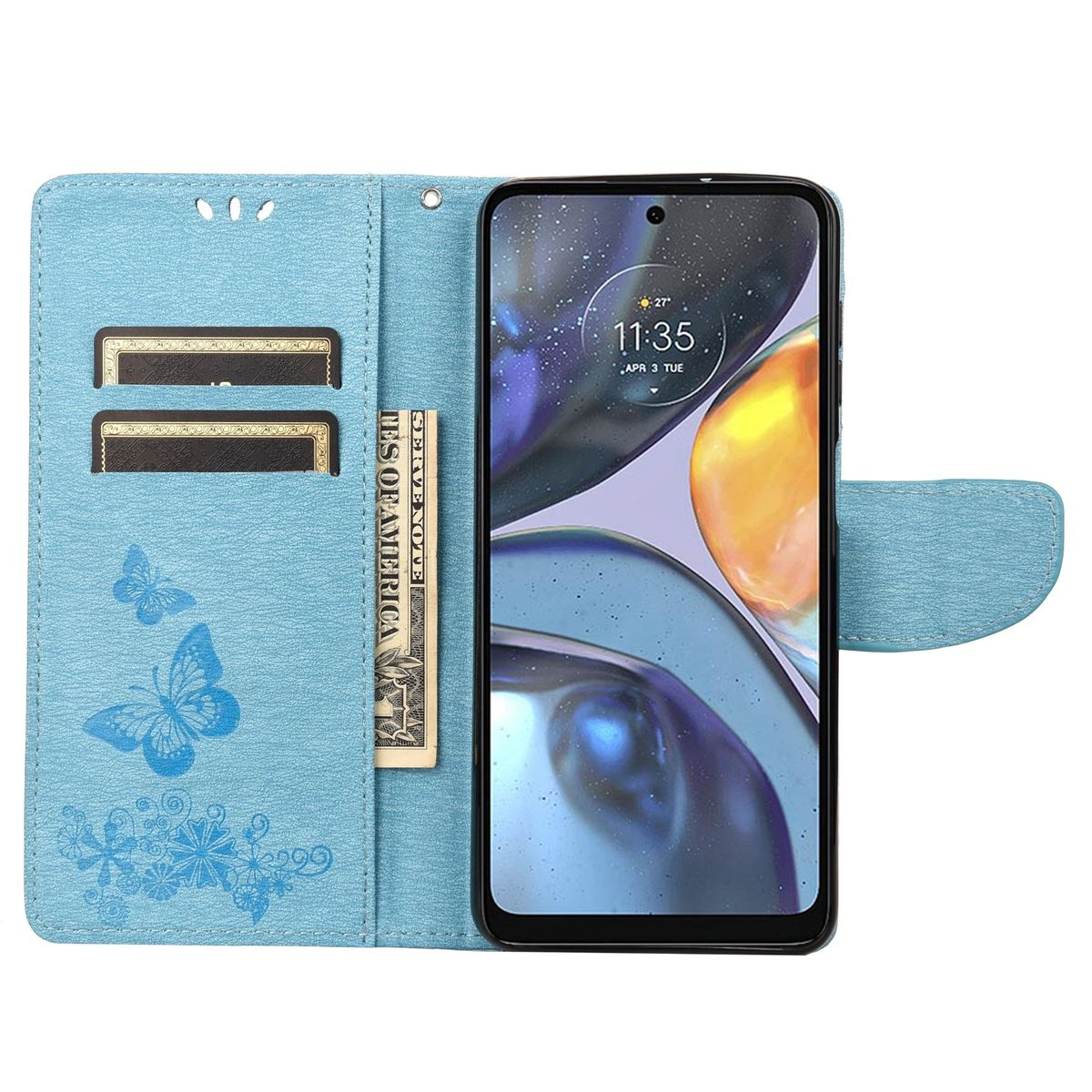 Blaue Handyhülle offen mit Karten und Geld. Telefonbildschirm zeigt die Zeit.