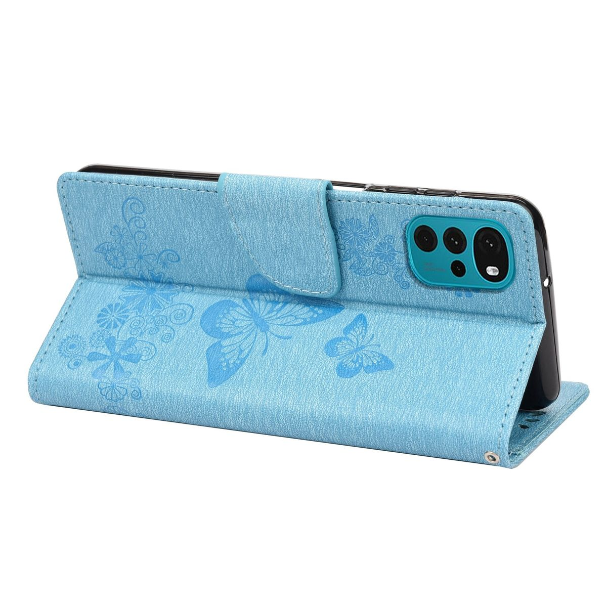 Eine blaue Handyhülle ist geöffnet und zeigt ein Telefon. Die Hülle hat Schmetterlingsdesigns.
