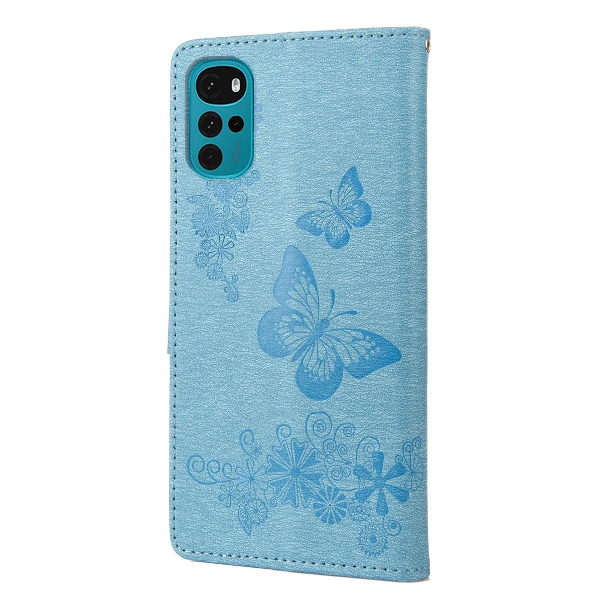 Hellblaue Handyhülle mit Schmetterlingsdesign und floralen Mustern.