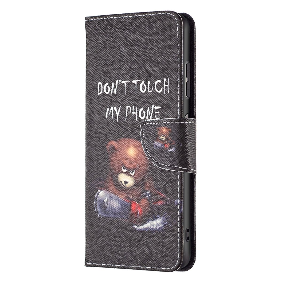 Handyhülle mit Bär mit Kettensäge und Text 'Don't touch my phone'.
