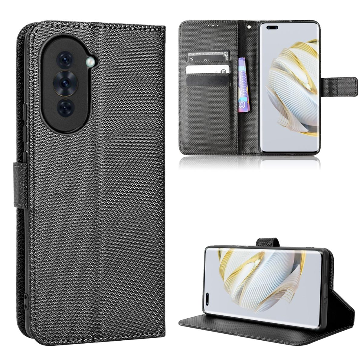 Schwarze Handyhülle mit strukturiertem Design, mehrere Ansichten, mit Telefon.