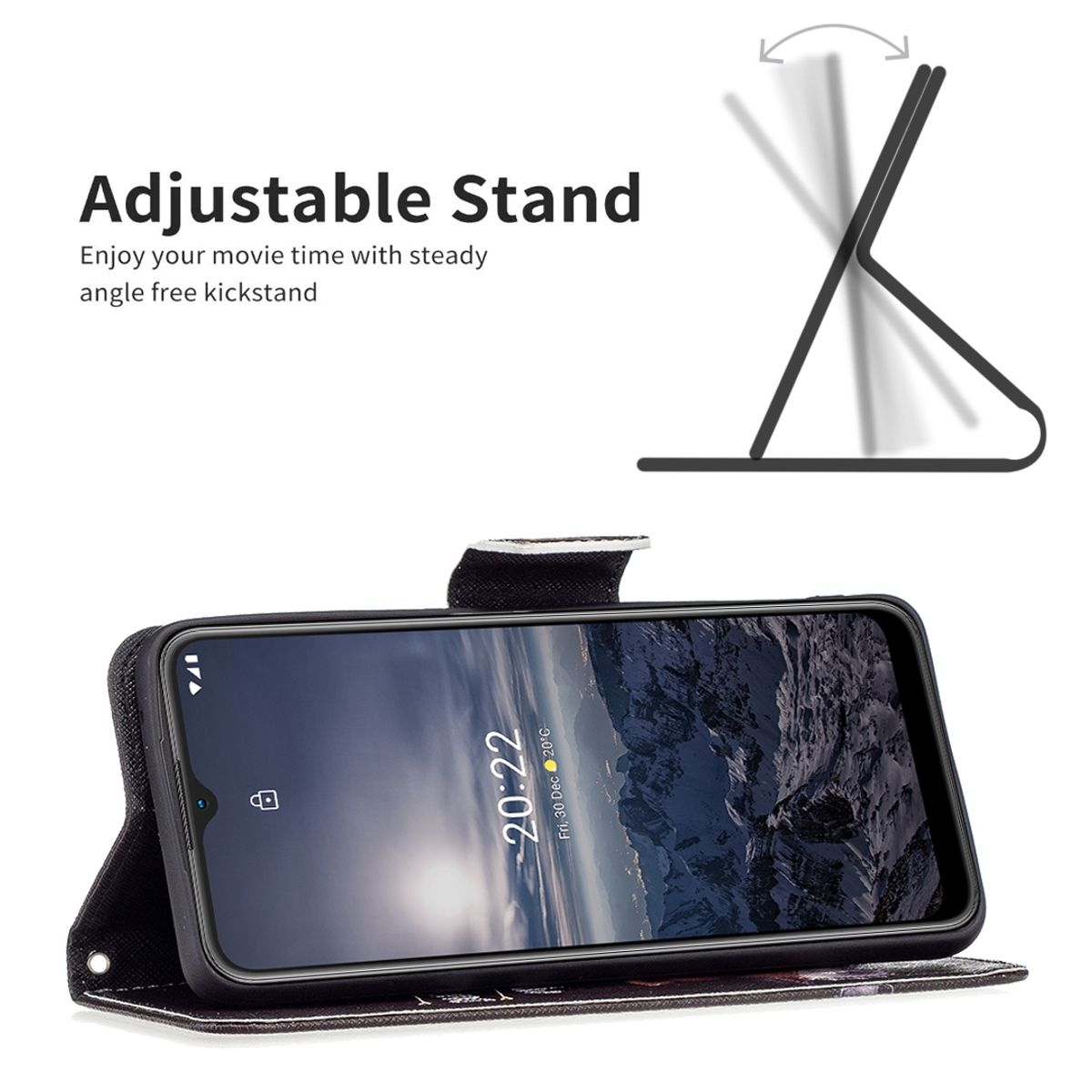 Schwarze Handyhülle offen und hält ein Telefon. Das Telefon zeigt die Zeit und das Datum an.