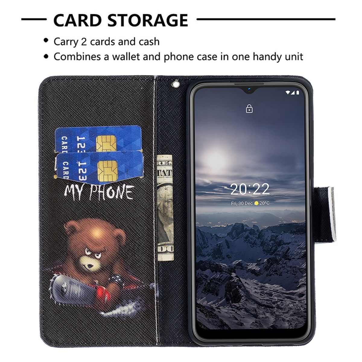Eine Handyhülle mit zwei Karten und einem Telefon. Die Hülle ist schwarz mit einem Bären und die Karten sind blau.