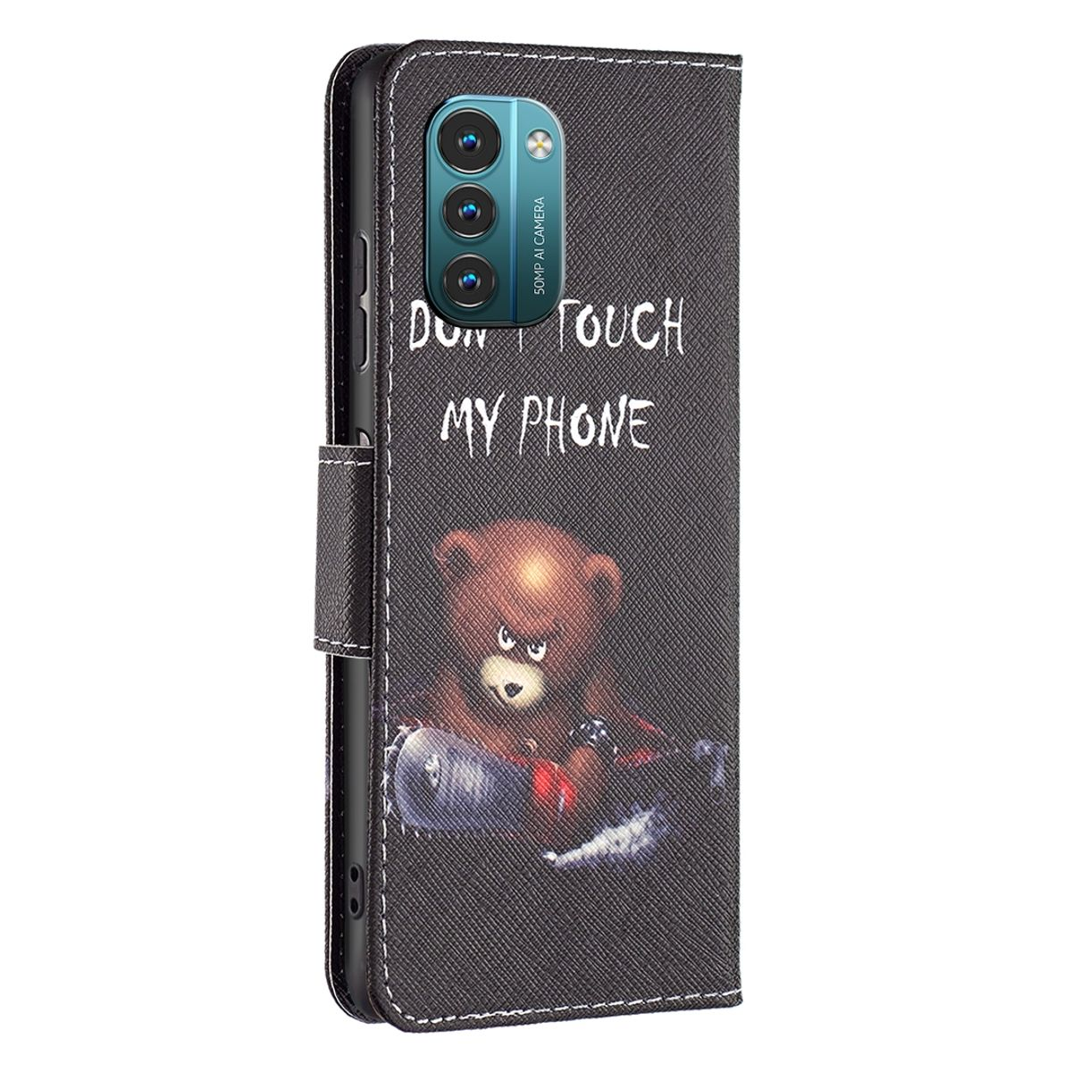 Schwarze Handyhülle mit Teddybär und Text, zur Seite geöffnet.