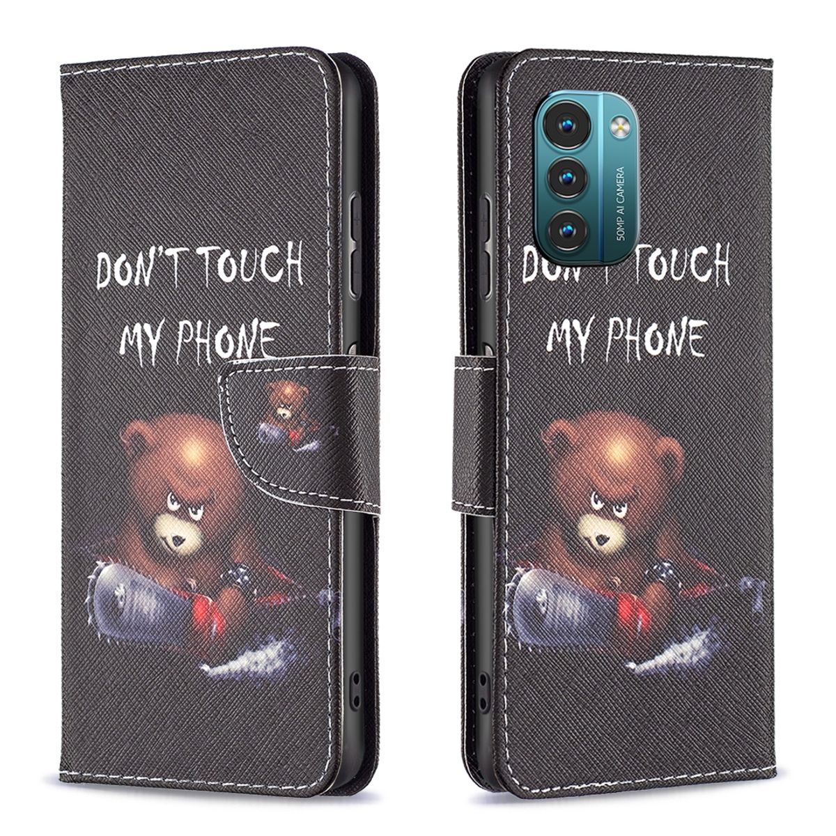 Schwarze Handyhülle mit Bärenillustration mit der Aufschrift 'Don't touch my phone'.