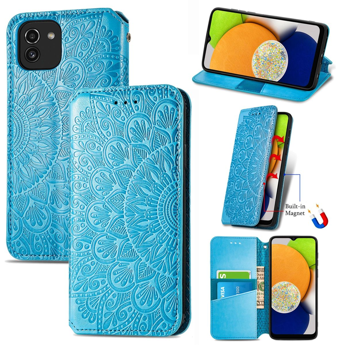 Blaue Handyhülle mit Mandala-Design. Hält Telefon und Karten. Magnetverschluss und Ständer. Mit Riemen.