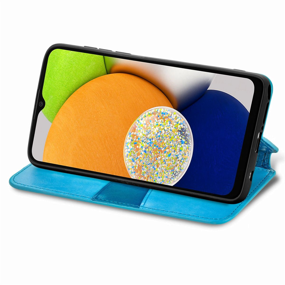 Offene blaue Handyhülle mit Telefon darin. Der Telefonbildschirm zeigt ein abstraktes Bild.