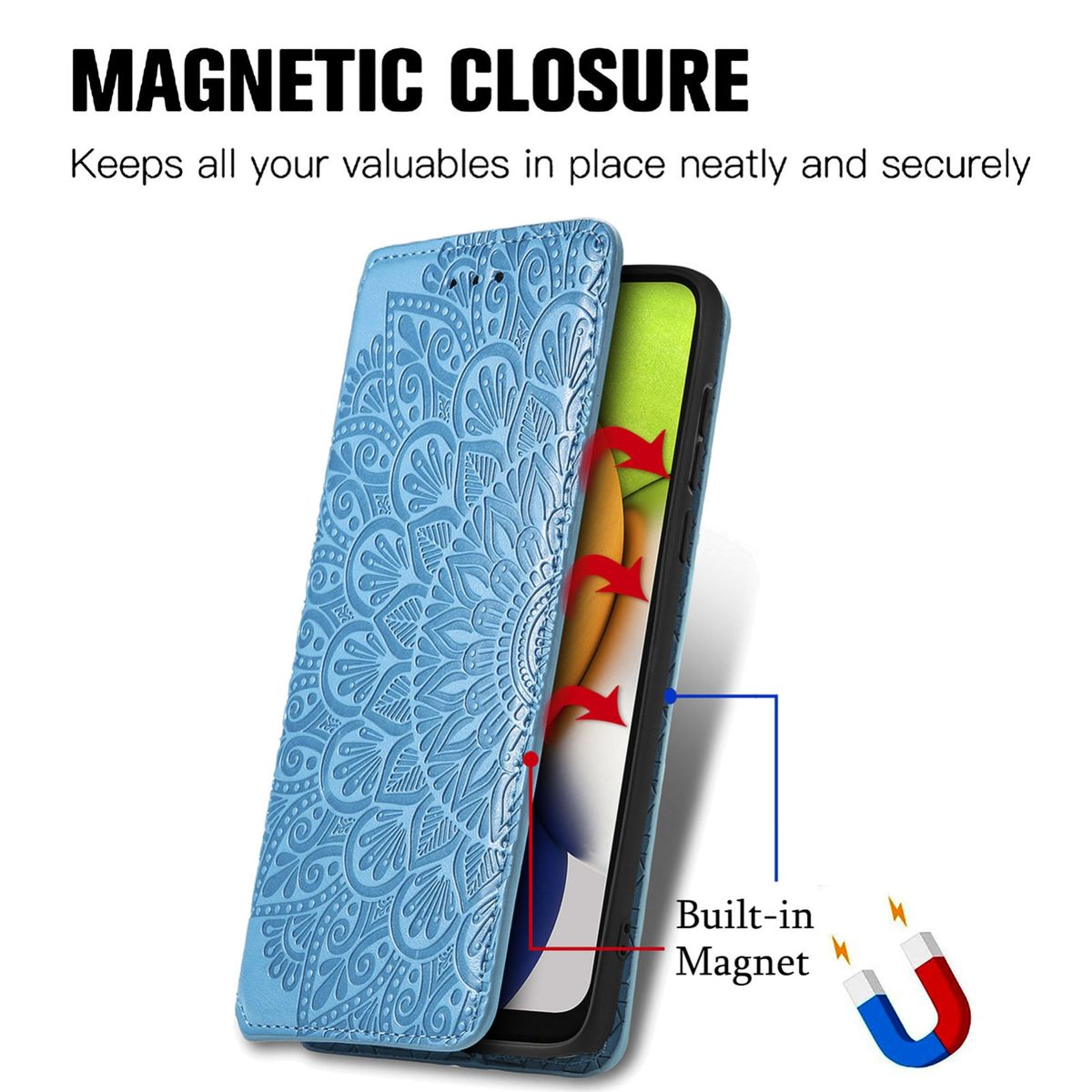 Blaue Handyhülle, offen, mit Handy darin. Mandala-Design, Magnetverschluss und Magnetsymbol.