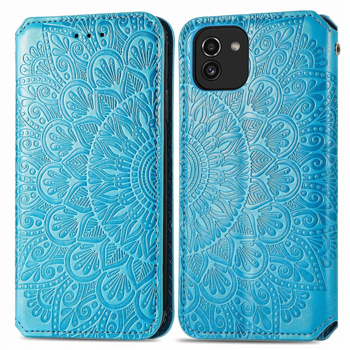 Blaue Handyhülle mit Mandala-Design. Geöffnet, um das Telefon zu zeigen.