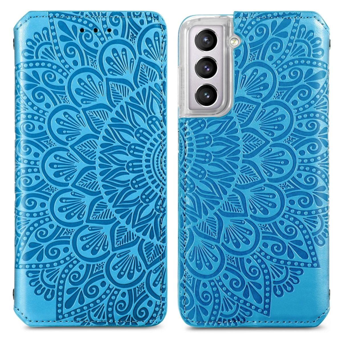 Blaue Handyhülle offen, mit Mandala-Design auf der Hülle.