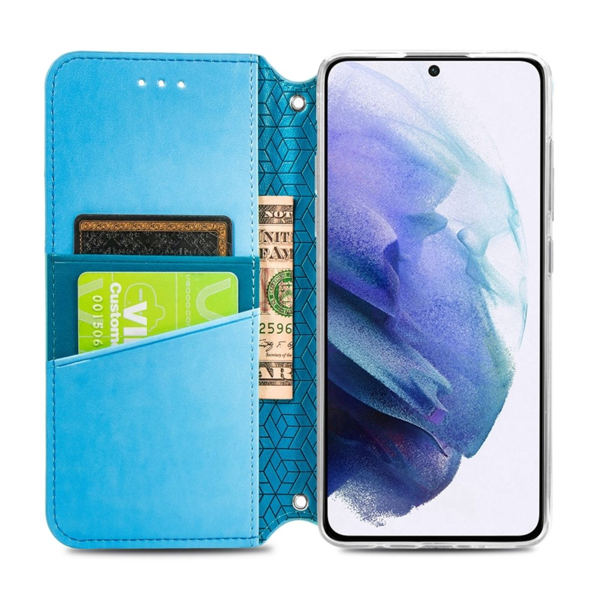 Blaue Handyhülle geöffnet, mit Kreditkarten, einem Dollarschein und einem Telefon. Der Bildschirm ist sichtbar.