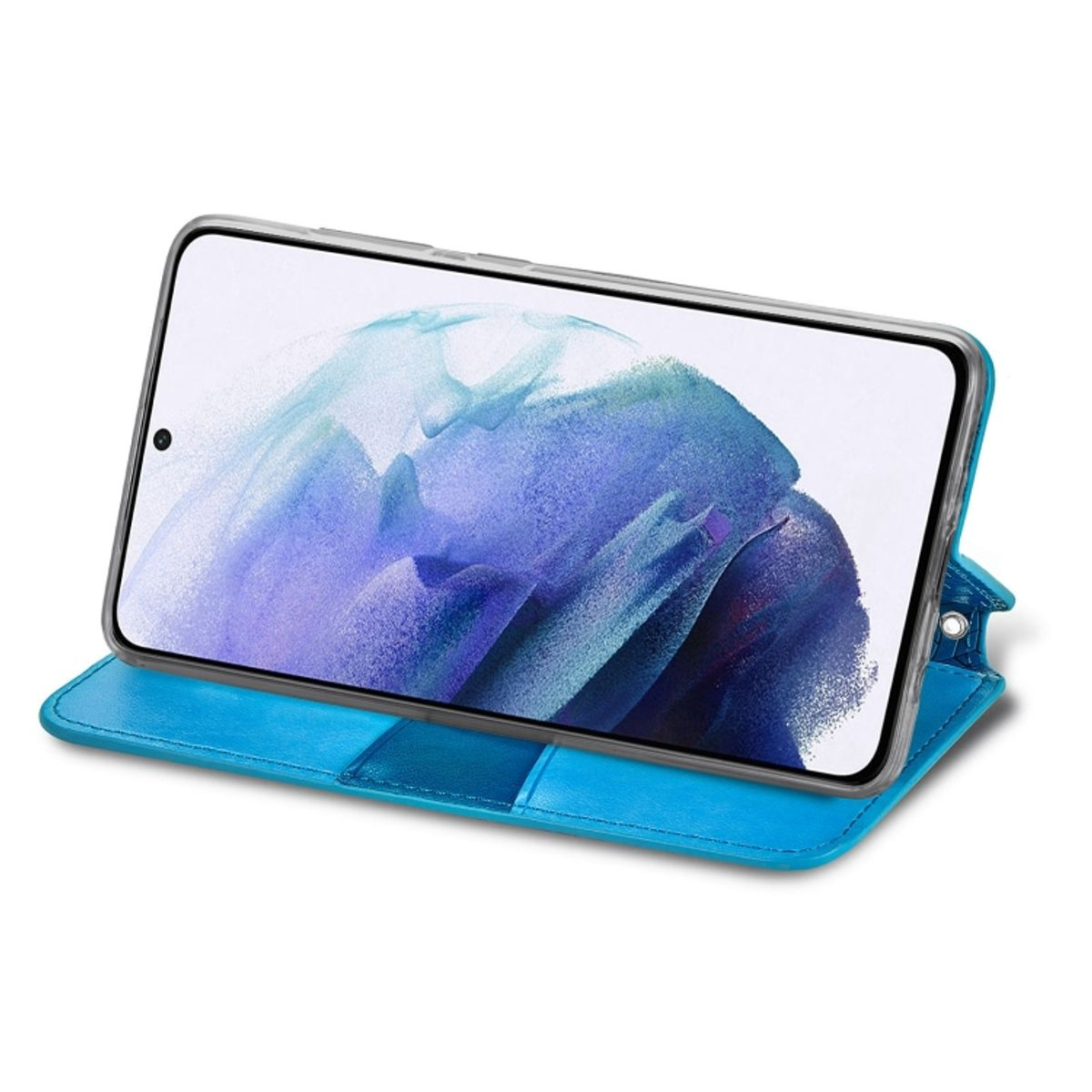 Ein Telefon in einer blauen Lederhülle mit einem Bildschirm, der abstrakte Kunst zeigt.