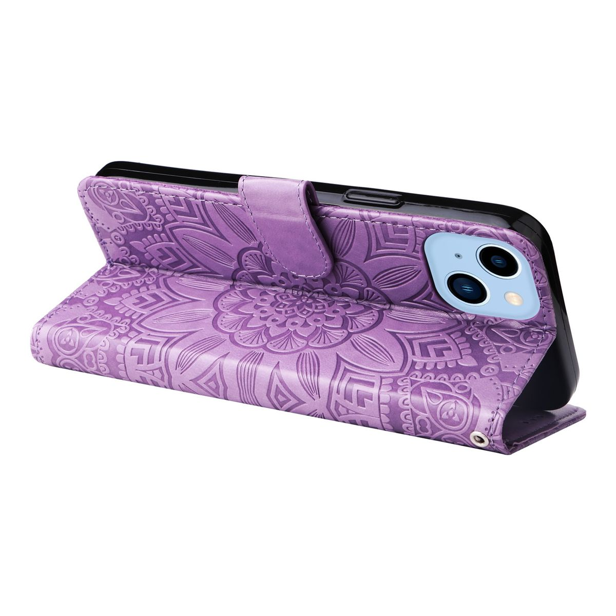 Lila Handyhülle mit einem Telefon mit floralem Design. Das Telefon ist in der Hülle und offen.