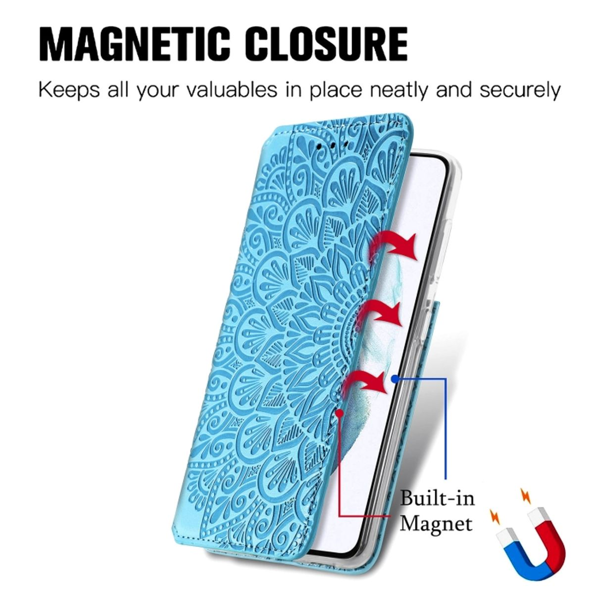 Blaue Handyhülle mit Telefon. Magnetverschluss gezeigt. Das Telefon ist in der Hülle. Der Hintergrund ist weiß.