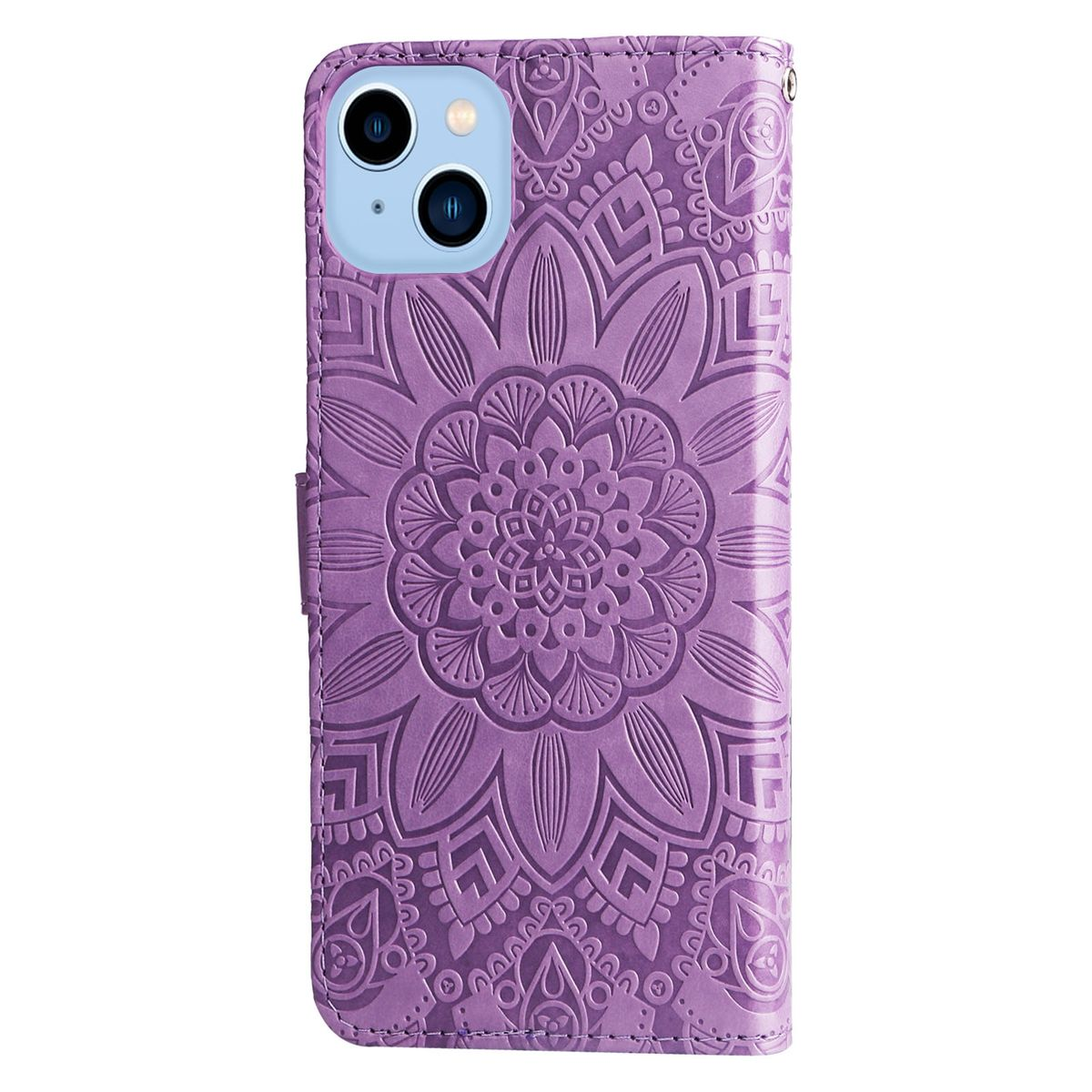 Lila Handyhülle mit Blumendesign. Geschlossen, zeigt ein Telefon im Inneren. Auf weißer Oberfläche.