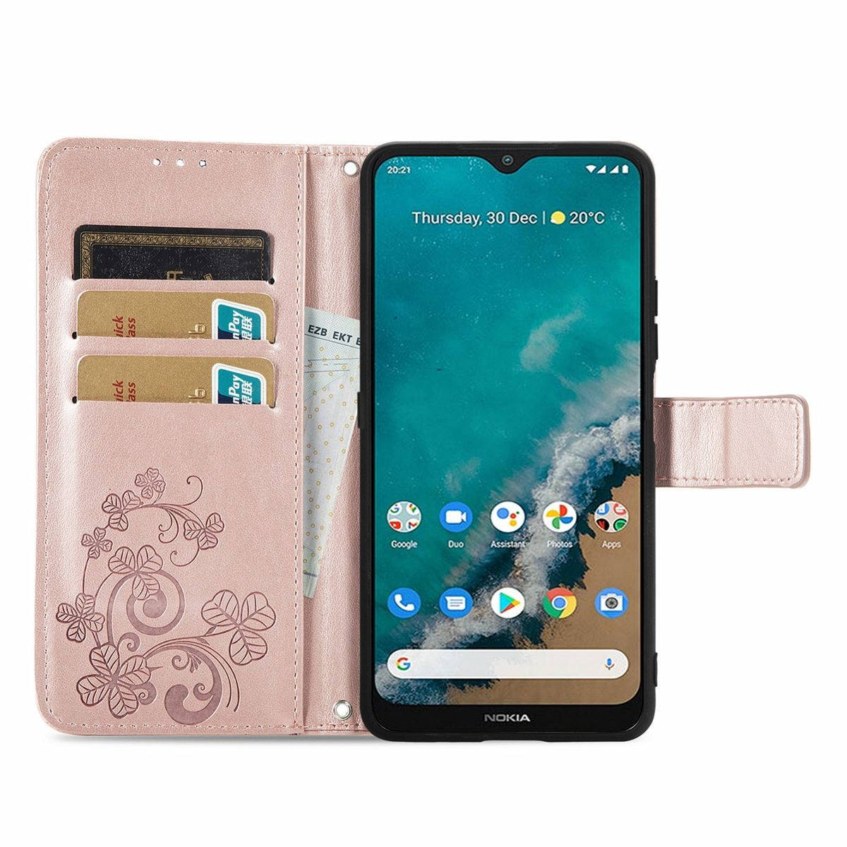 Rosa Handyhülle mit Blumendesign, geöffnet, um ein Handy mit Apps und Karten im Etui zu zeigen.