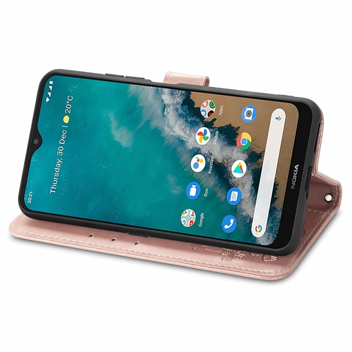 Rosa Handyhülle, offen, zeigt ein Telefon mit angezeigter Uhrzeit, mit weißem Hintergrund.