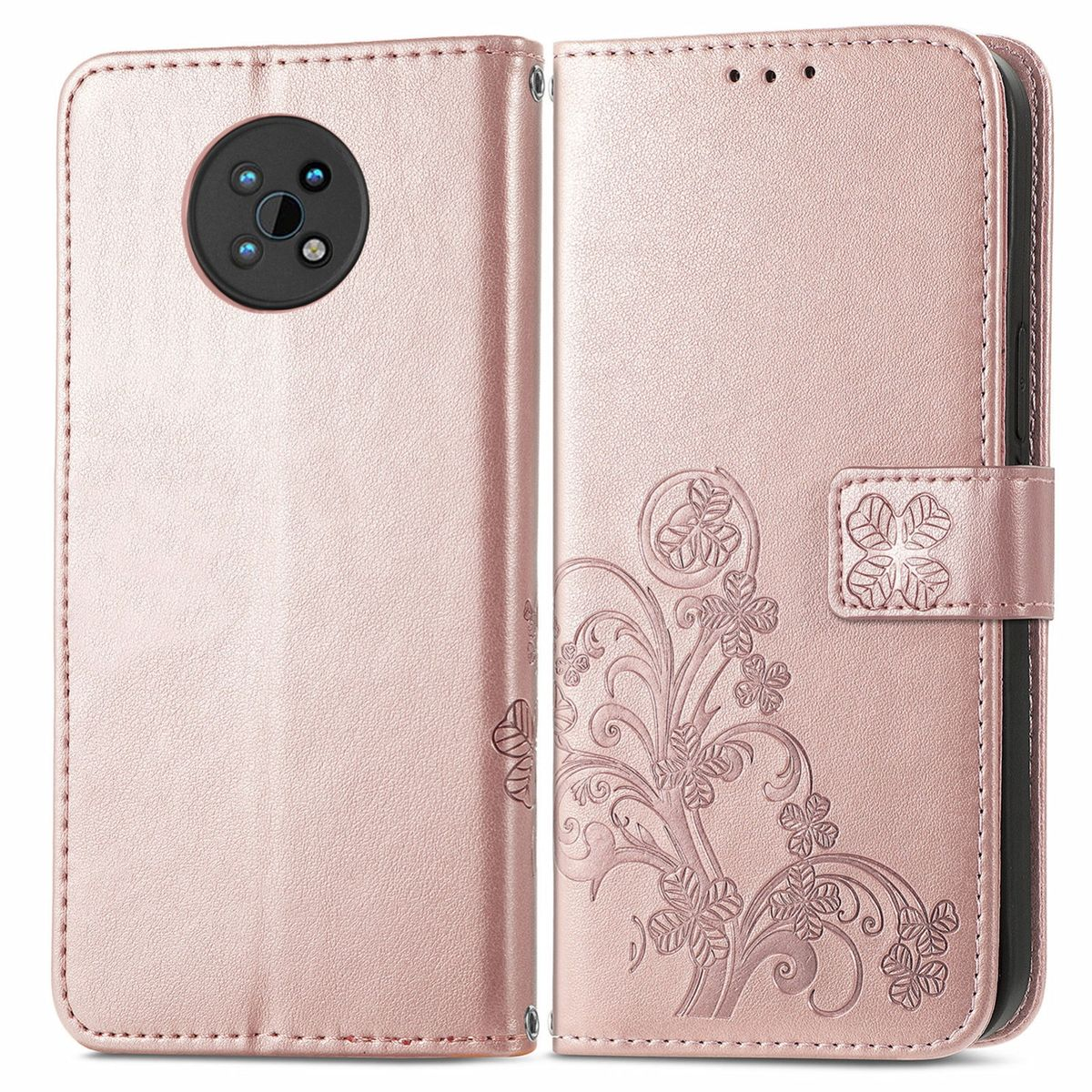 Rosa Handyhülle offen, mit geprägtem Blumendesign. Telefonkamera sichtbar. Hintergrund weiß.