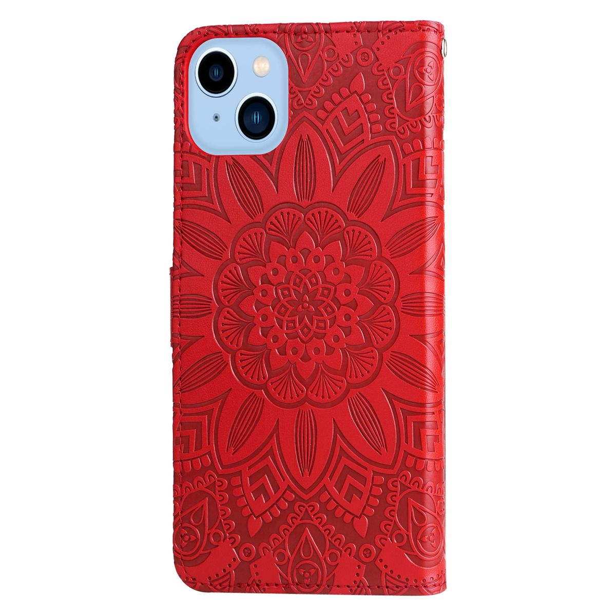 Rote Handyhülle mit floralem Design. Weißer Hintergrund.