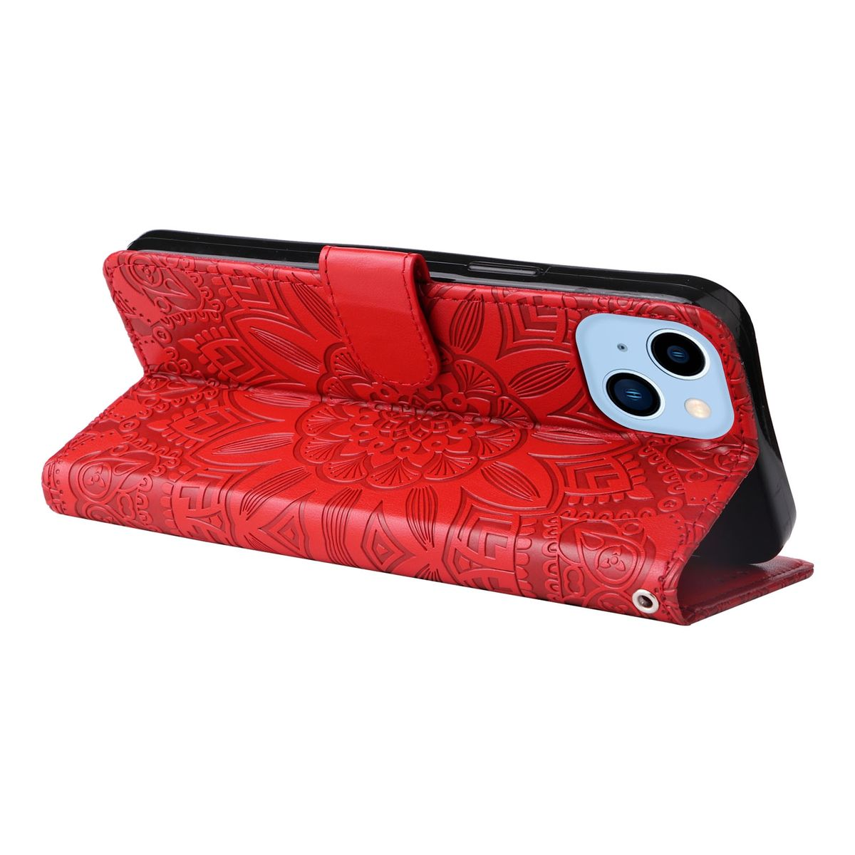 Rote Handyhülle mit Blumenmuster, geöffnet, zeigt Telefonkamera. Die Hülle hat einen Magnetverschluss.