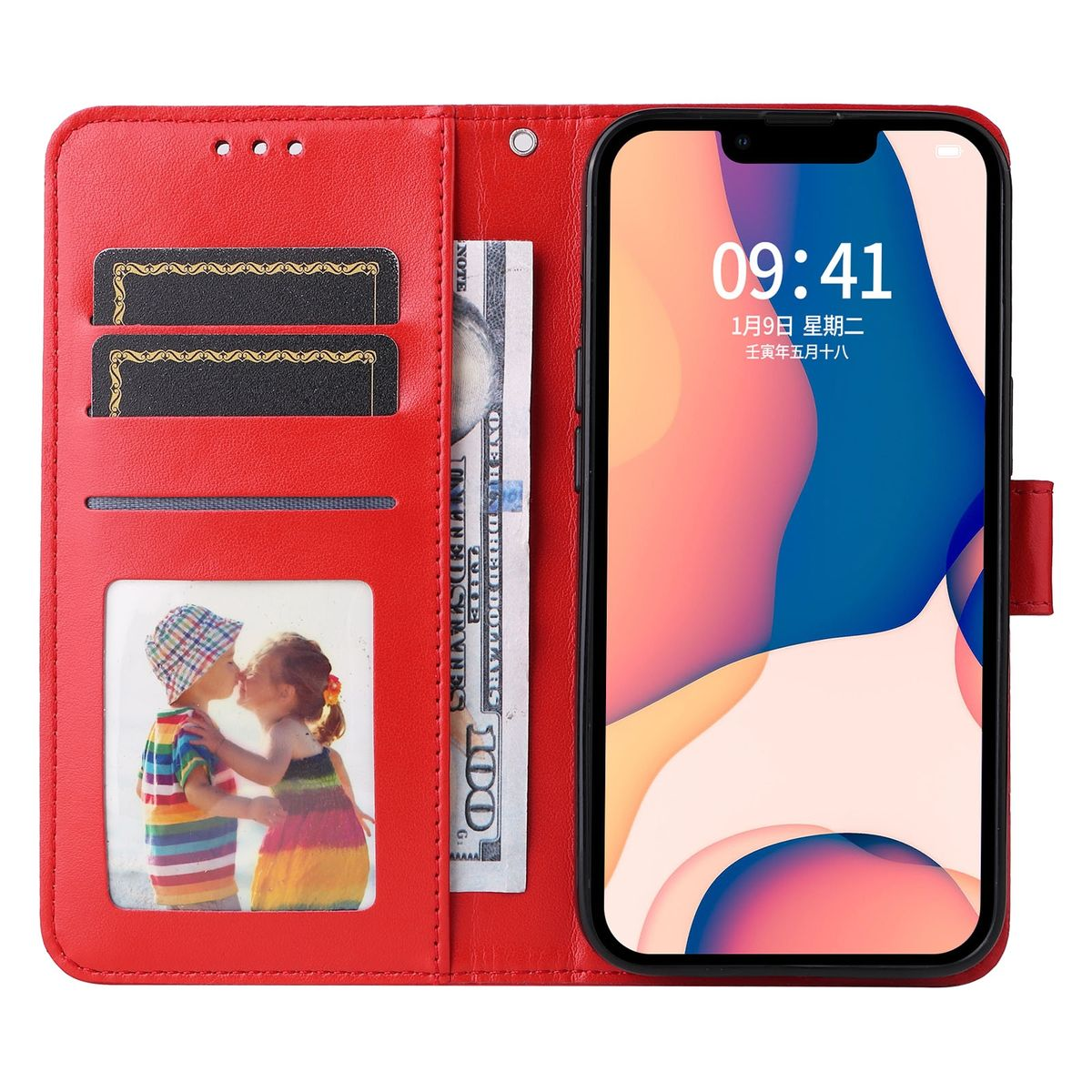 Eine rote Handyhülle, offen, mit einem Foto und Geld sichtbar. Ein Telefon ist zu sehen.
