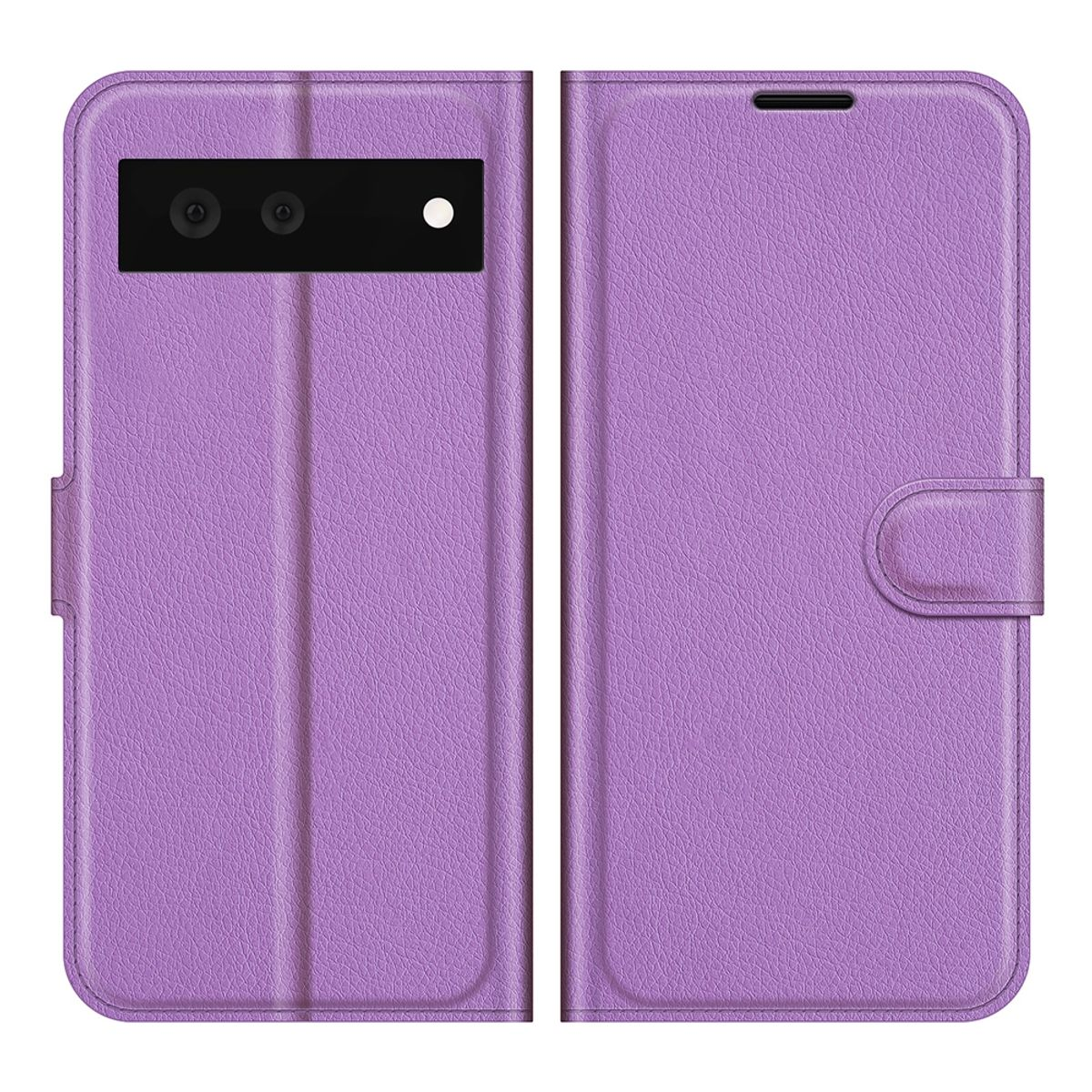 Lila Handyhülle, geöffnet, mit zwei Seiten. Das Telefon ist nicht drin.