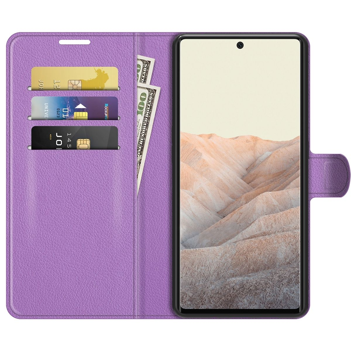Lila Handyhülle offen, mit Karten und Geld. Telefon innen. Weißer Hintergrund.