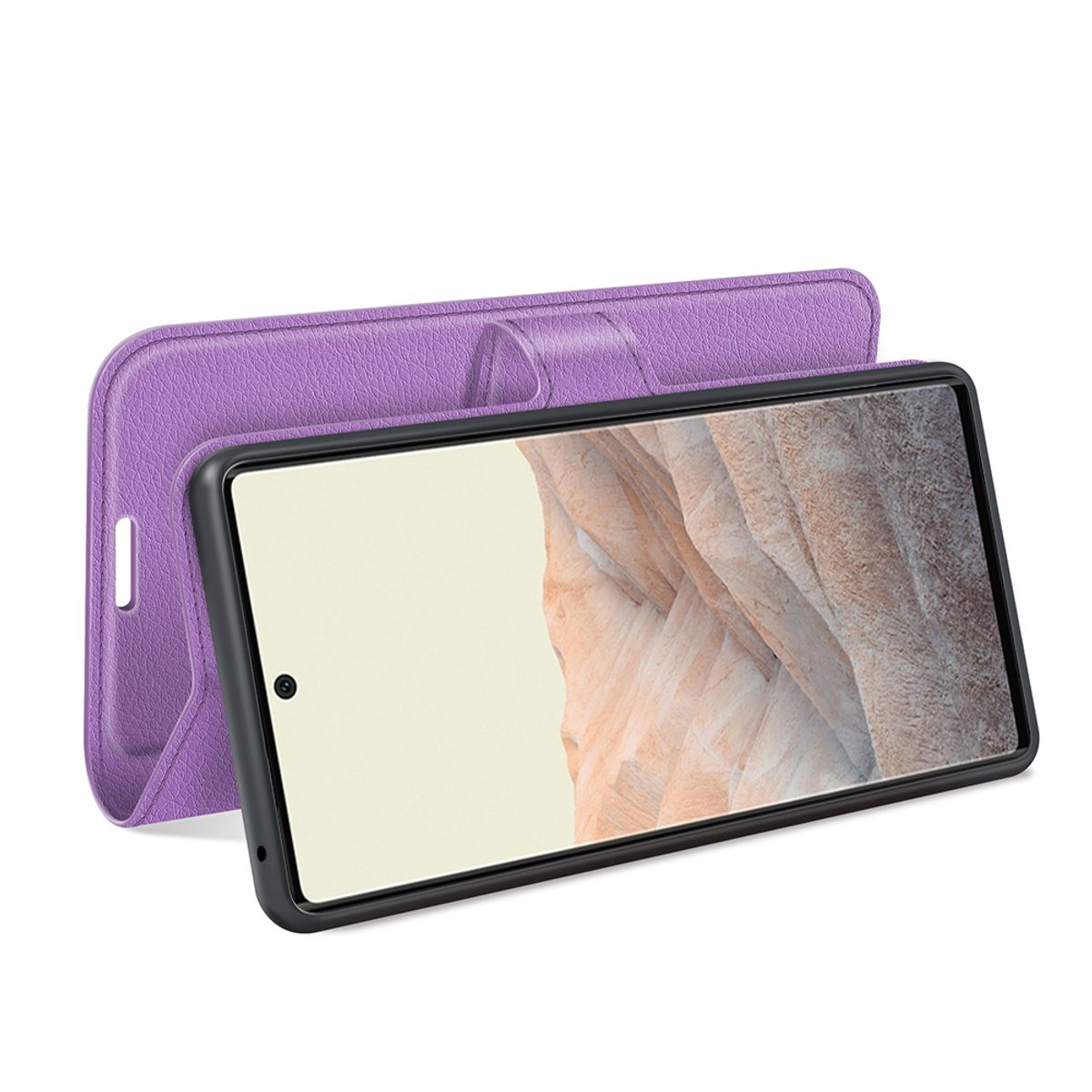 Lila Handyhülle mit Telefon. Das Case befindet sich in Ständerposition.
