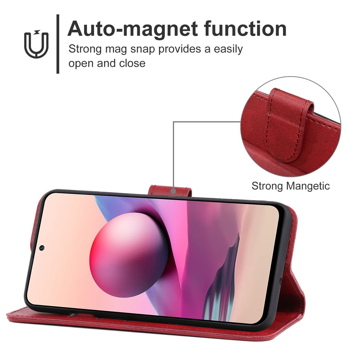 Rote Handyhülle mit Telefon und dem Text 'Auto-Magnetfunktion'. Zeigt einen starken Magnetverschluss.