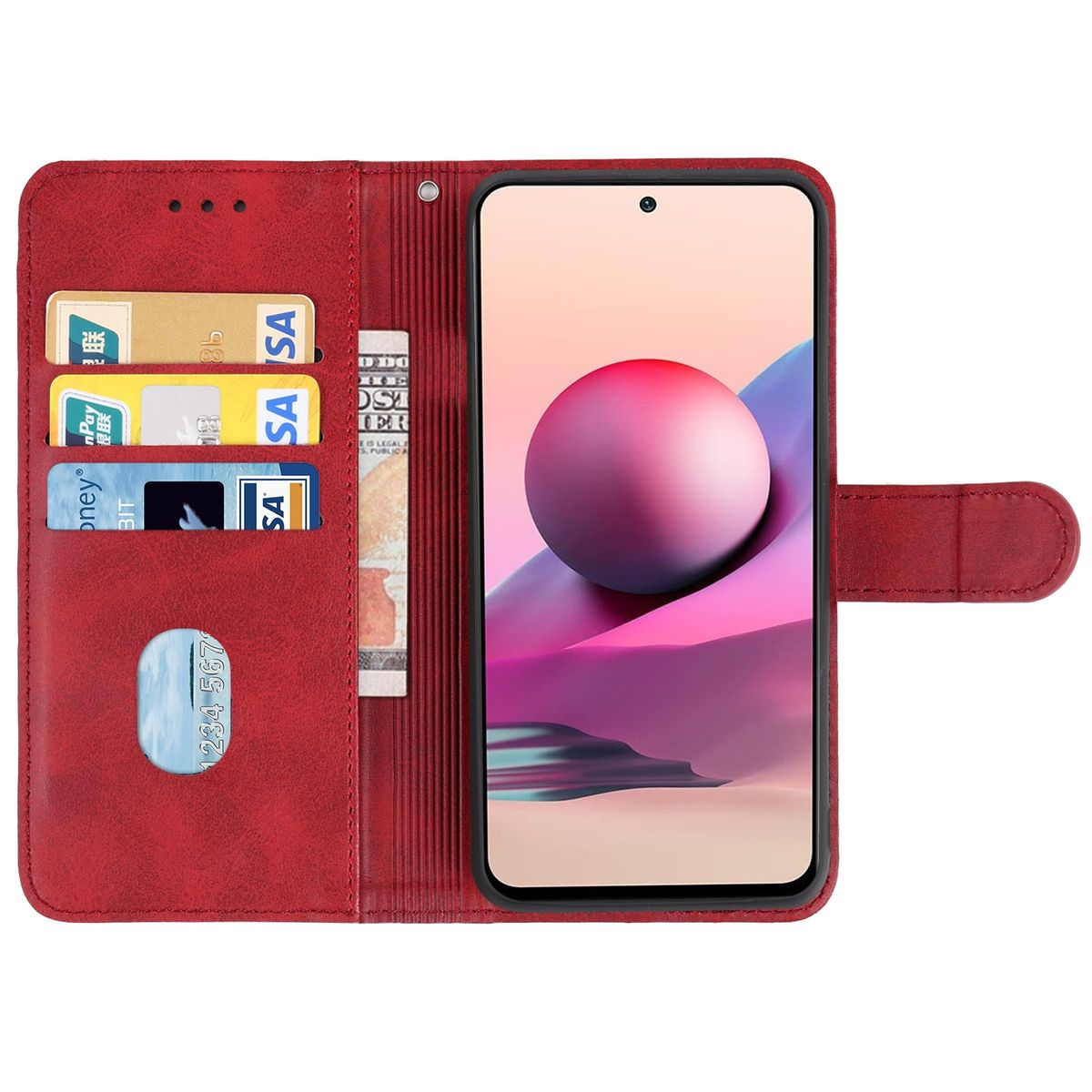 Rote Handyhülle mit Karten und Geld. Telefon zeigt rosa-lila Hintergrundbild.