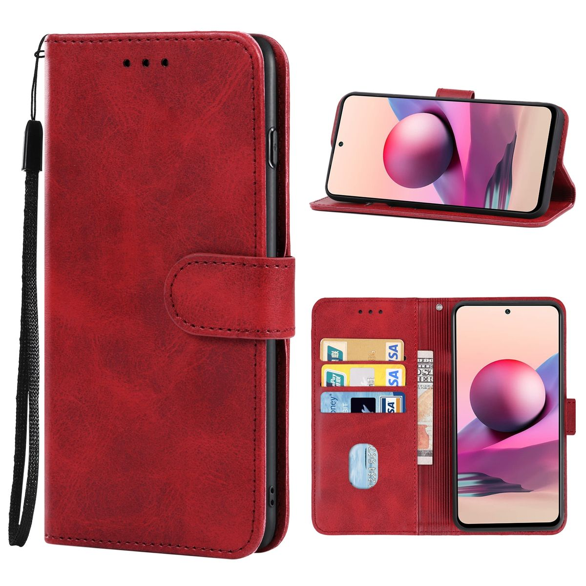 Eine rote Handyhülle mit einem Telefon darin, das Karten und Geld zeigt. Mehrere Ansichten der Hülle werden gezeigt.
