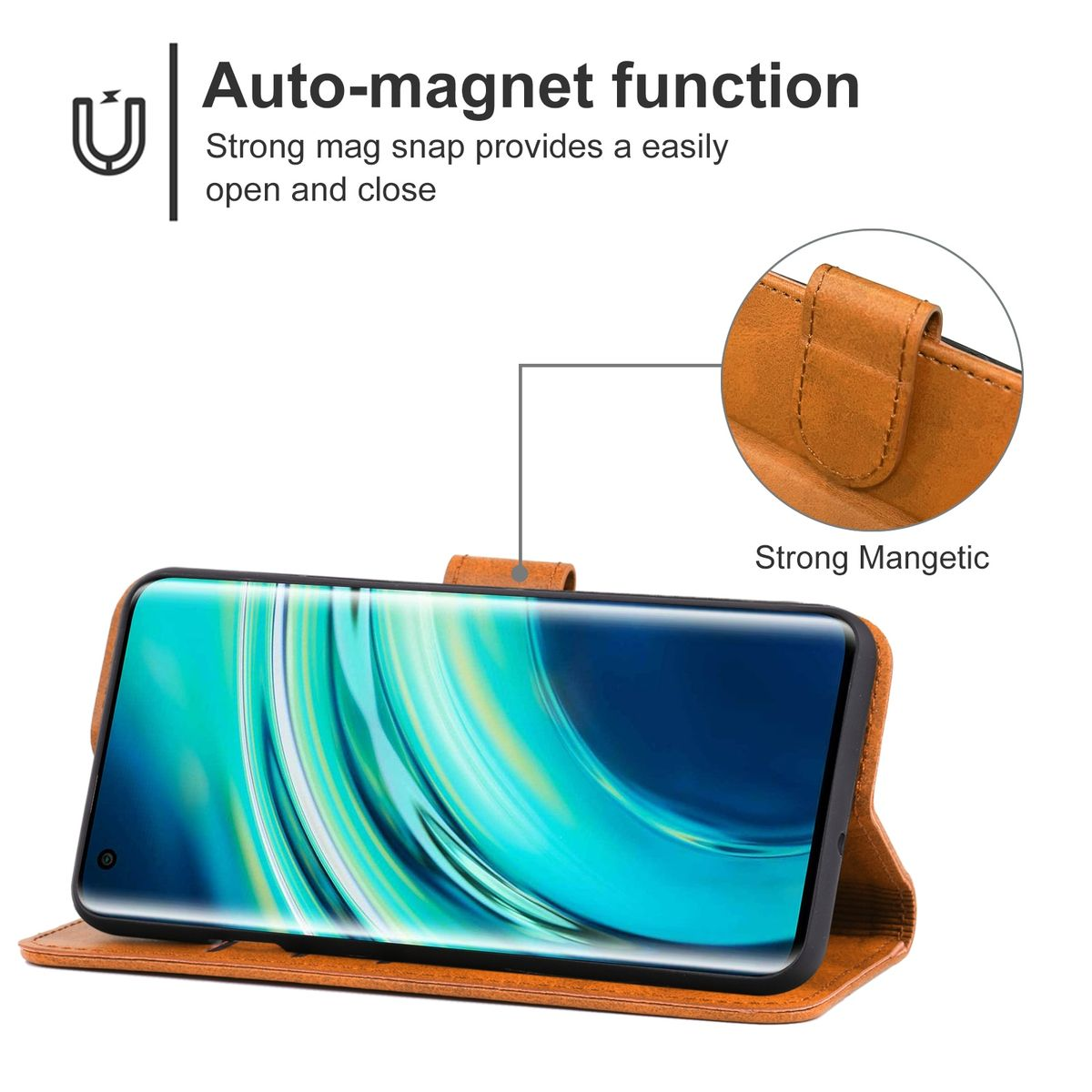 Telefon in brauner Lederhülle mit Auto-Magnetfunktion. Text und Detailansicht des Magnetverschlusses.