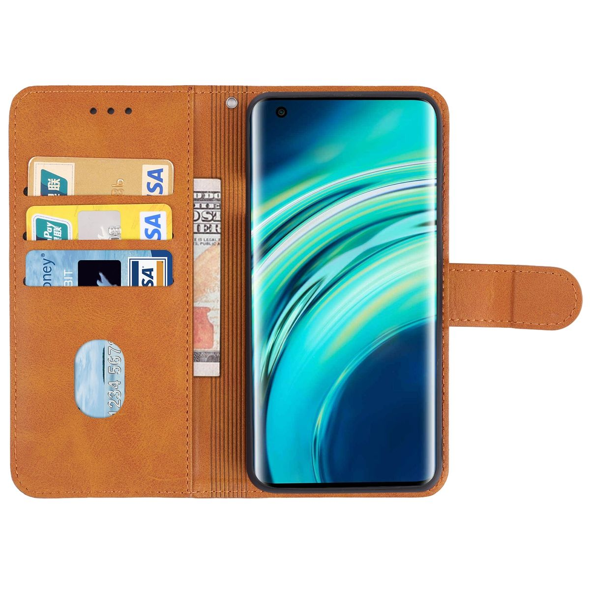 Offene braune Handyhülle mit Kreditkarten und einem Telefon, das das Display zeigt.